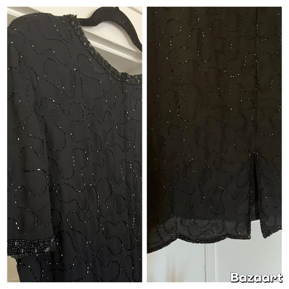 Vintage 80's Black Flapper Short Sleeve Midi Sheer Layers Beaded Dress Size 1X